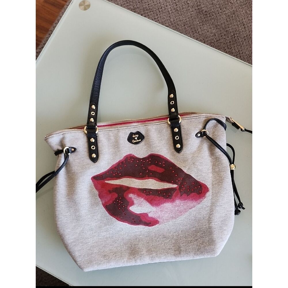 Juicy Couture Jersey Knit Barbiecore Rhinestone Lips Overnight Tote Bag - Picture 11 of 15